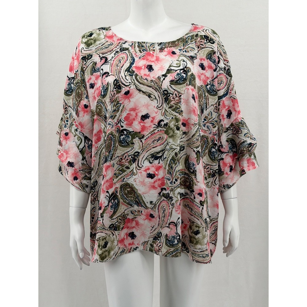 Sami & Jo Top Womens 3X Pink‎ Floral Paisley Sheer Boho Spring Ruffle Feminine